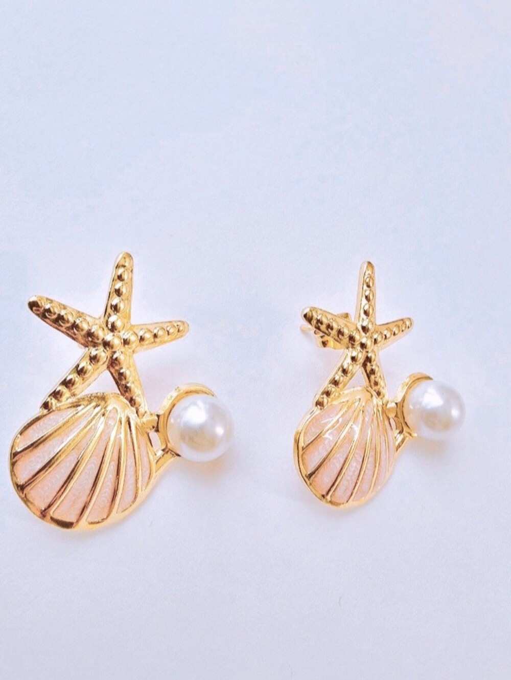 Gold Starfish & Pink‎ Shell Pearl Stud Earrings